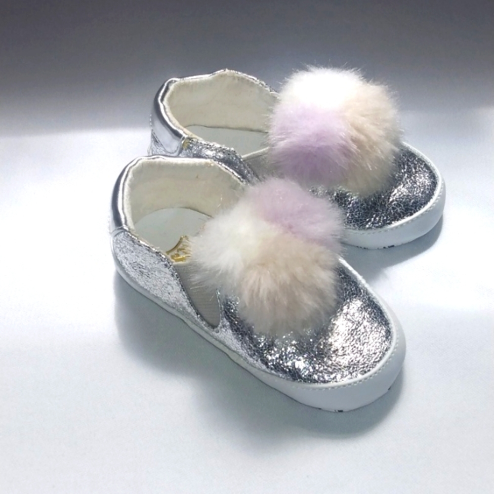 Ash Kid's Baby Girl's Silver Pom Pom Slip On Sneaker. Size 19 (9-12 months)